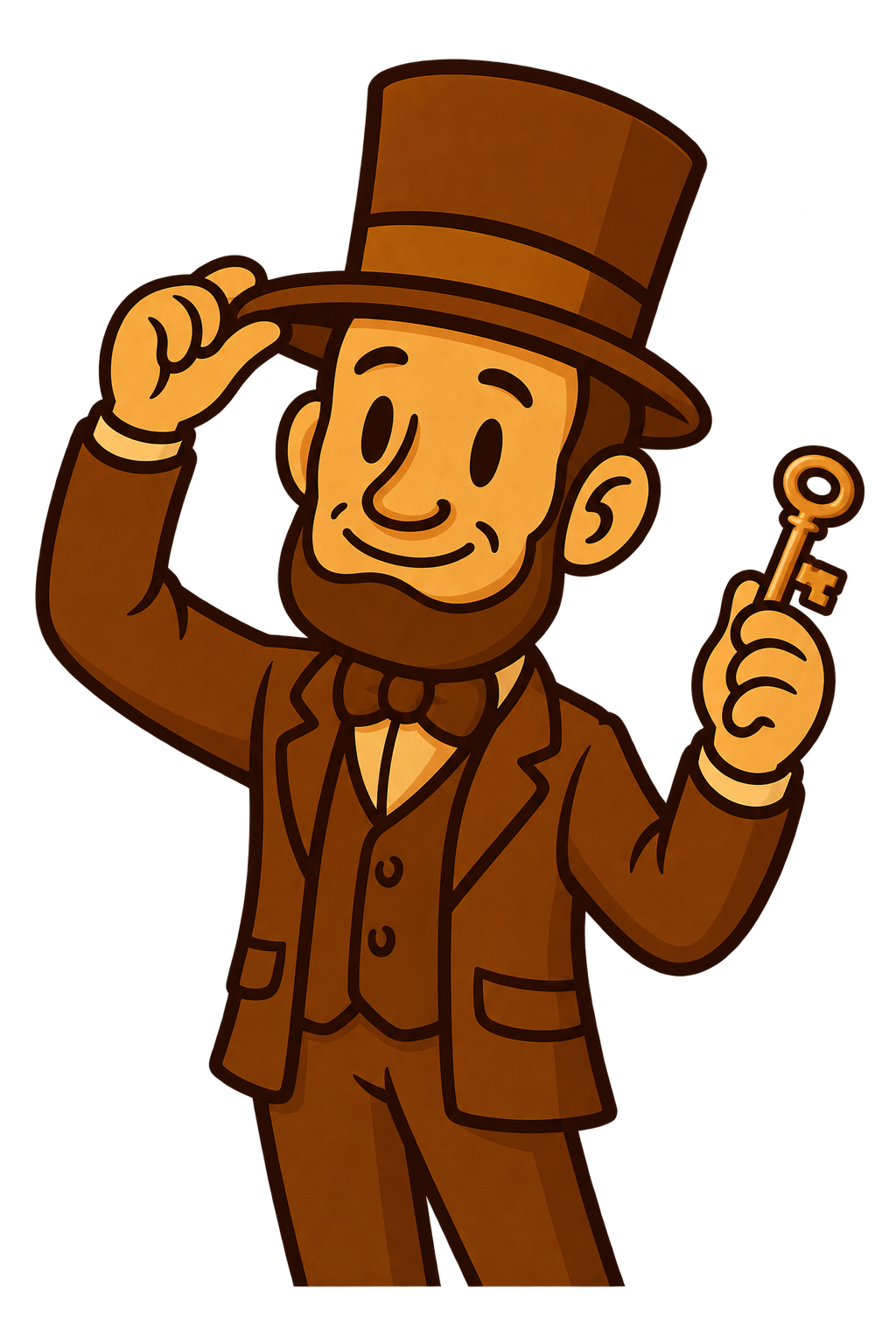 Abe tipping his hat and holding a key
